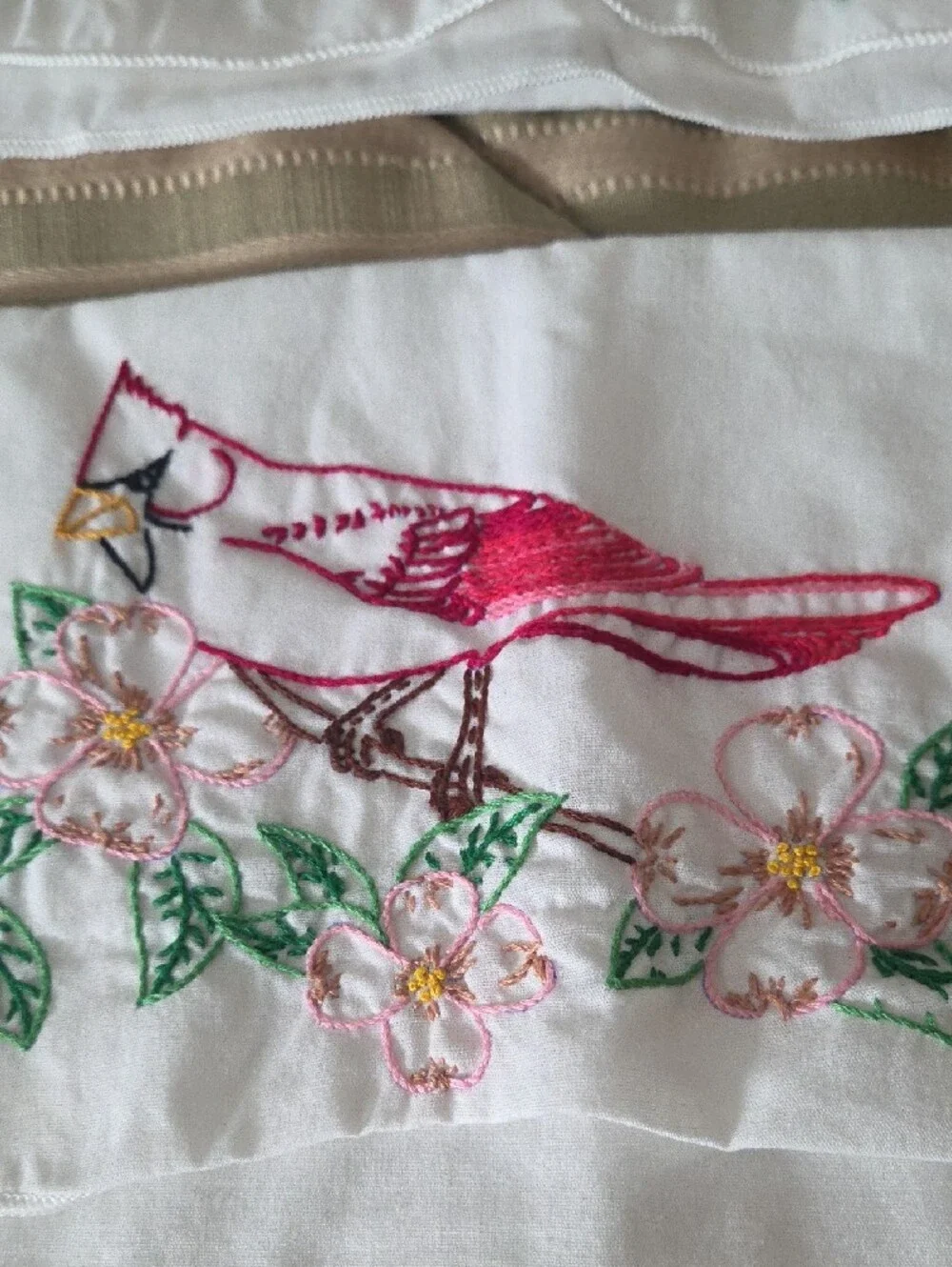 Hand Embroidered Bird & Floral White Standard Pillow Cases Vintage
